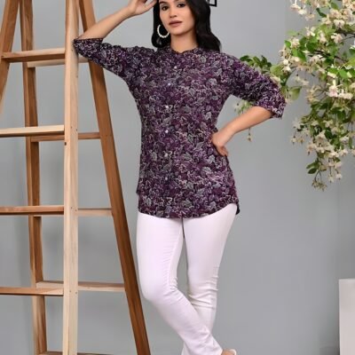 Heart emboried SHIRT FOR WOMEN stylish designer women ethnic printed mandarin collar viscose rayon rrgular wear top